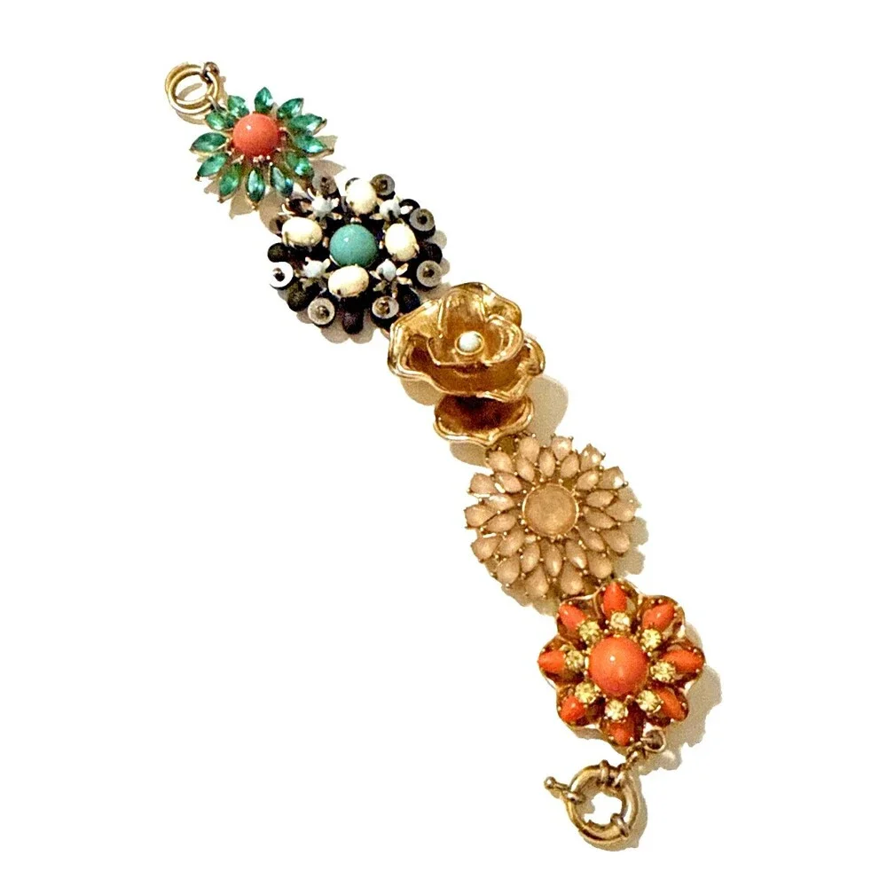 Banana Republic Flower Bouquet Bracelet Gold Tone Floral Statement Link 8